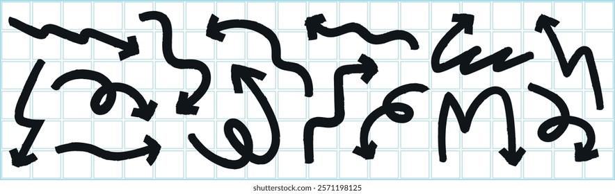 A collection of black arrows on a grid background. Arrows point in various directions, showcasing movement and direction. Dynamic arrow designs on a grid. Doodle element vector set.