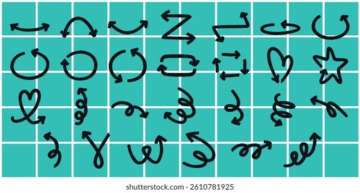 A collection of black arrows on a teal grid. Arrows in various shapes: zigzag, spiral, heart, and star. Arrows and symbols on a grid background. Element vector set.