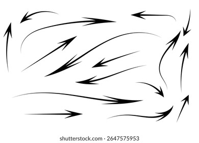 Eine Sammlung schwarzer Pfeile auf weißem Hintergrund. Die Pfeile variieren in Form und Richtung, wobei einige gerade und andere gekrümmt sind. Sie sind in einem grafischen, illustrativen Stil dargestellt.