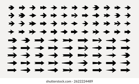 Collection of black arrows pointing in various directions. Arrows in different styles, sizes, and shapes. Directional arrows on a white background. Element vector set.