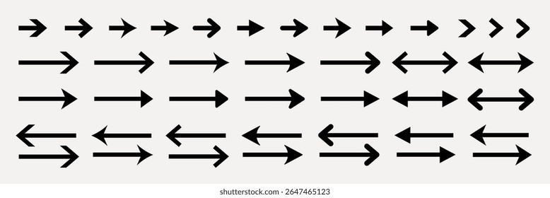 Eine Sammlung schwarzer Pfeile, die in verschiedene Richtungen zeigen. Pfeile umfassen linke, rechte und bidirektionale Designs. Einfache schwarze Pfeilsymbole auf hellem Hintergrund. Elementvektorsatz.