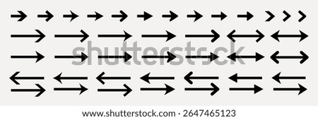 A collection of black arrows pointing in various directions. Arrows include left, right, and bidirectional designs. Simple black arrow icons on a light background. Element vector set.