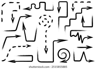 Collection of black arrows. Set of direction indicators made from brush strokes. Sketch. Hand drawn signs. Vector illustration. Arrows of different shapes: dotted, zigzag, round, curved, spiral.