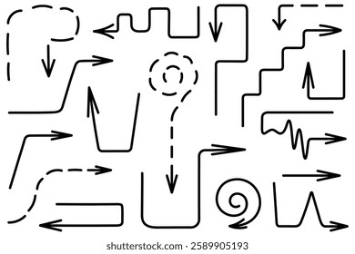 Collection of black arrows. Set of direction signs. Hand drawn signs. Vector illustration. Arrows of different shapes: dotted, zigzag, round, curved, spiral, angular. Outline on isolated background.