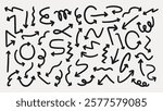 A collection of black arrows and squiggles on a white background. Arrows in various directions. Squiggles add dynamic flow. Arrows and squiggles create movement. Element vector set.