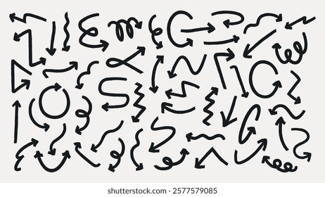 A collection of black arrows and squiggles on a white background. Arrows in various directions. Squiggles add dynamic flow. Arrows and squiggles create movement. Element vector set.