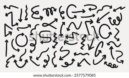 A collection of black arrows and squiggles on a white background. Arrows in various directions. Squiggles add dynamic flow. Arrows and squiggles create movement. Element vector set.
