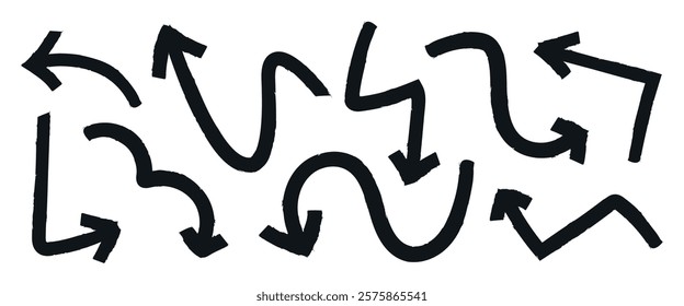 Collection of black arrows in various directions. Curved arrows, straight arrows, and zigzag arrows. Diverse arrow designs for navigation and direction. Doodle element vector set.