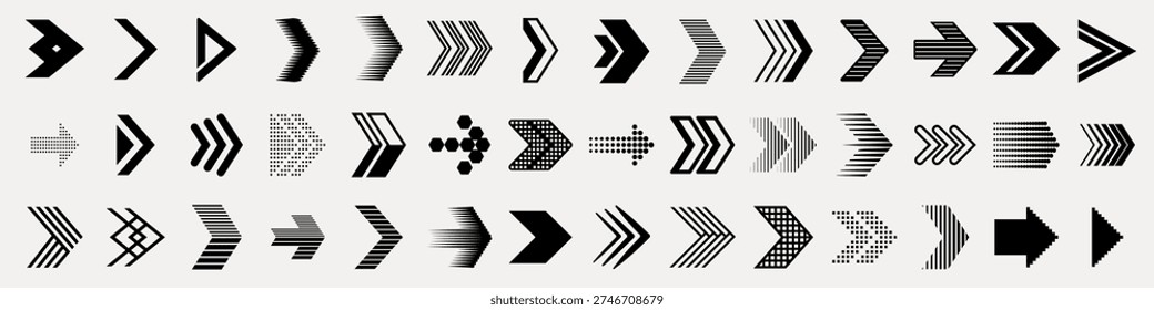 Collection of black arrows in various directions, including straight, curved, and circular arrows. Arrows pointing in multiple directions, ideal for design use. Arrow icon vector set.