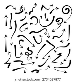A collection of black arrows in various shapes and sizes. The arrows are scattered throughout the image, with some pointing upwards and others pointing downwards.