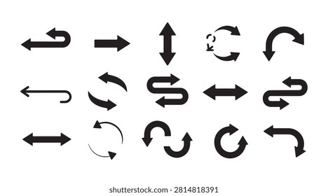 Collection of black arrows, various shapes, curved, straight, double-headed, isolated on transparent grid.