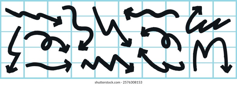 Collection of black arrows in various styles on a grid background. Arrows in different directions, curved and zigzag arrows, on a grid. Arrows and grid pattern. Doodle element vector set.