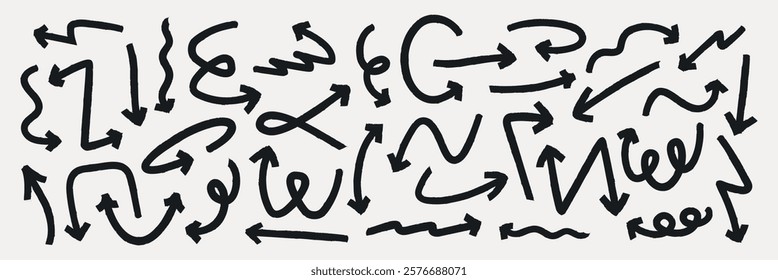 A collection of black arrows in various styles and directions. Arrows pointing up, down, left, and right. Curved and straight arrows. Arrows for design use. Element vector set.