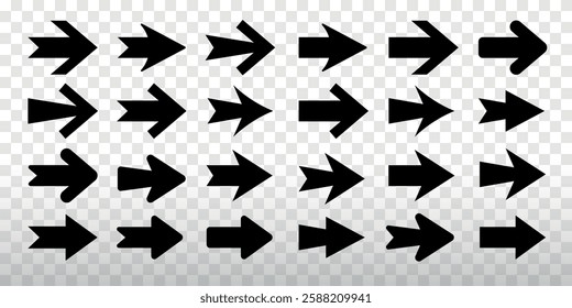 A collection of black arrows in various styles and directions. Arrows pointing left, right, up, and down. Bold arrow designs. Element vector set.