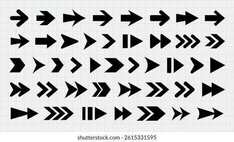 A collection of black arrows in various styles and directions on a grid background. Arrows pointing left, right, up, and down. Bold, geometric arrow designs. Element vector set.