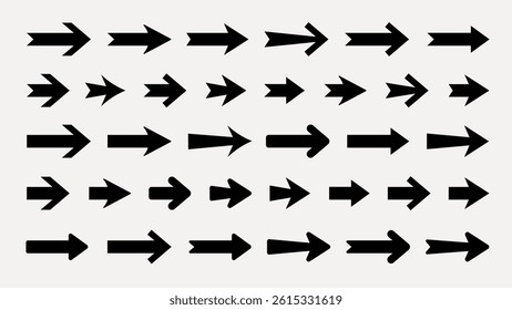 A collection of black arrows in various styles and directions. The arrows are bold and varied, offering a diverse selection of arrow designs on a light background. Element vector set.