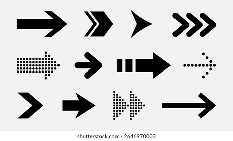 Collection of black arrows in various styles, including dotted and solid designs, pointing in different directions on a light background. Element vector set.