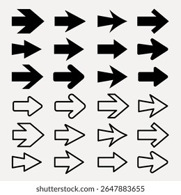 A collection of black arrows in various styles, including solid and outlined designs, pointing in different directions on a light background. Element vector set.