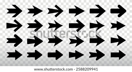 A collection of black arrows in various styles and directions. Arrows pointing left, right, up, and down. Bold arrow designs. Element vector set.