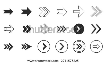 Collection of black arrows in various styles and shapes, including outlined, solid, and circle designs, all pointing to the right on a transparent background