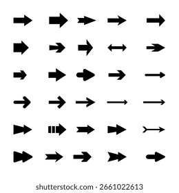 Colección de flechas negras: símbolos de dirección de Vector para interfaces digitales, flechas de navegación de interfaz de usuario o UX: conjunto de iconos de vectores negros planos