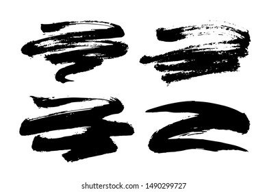 Collection of black artistic grunge brush strokes isolated over white background. Set of design elements. Vector hand drawn illustration.