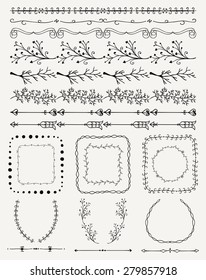 Collection of Black Artistic Hand Sketched Decorative Doodle Vintage Seamless Borders. Frames, Wreaths, Branches, Dividers. Design Elements. Hand Drawn Vector Illustration