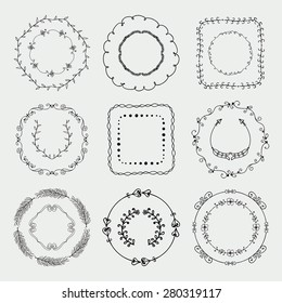 Collection of Black Artistic Hand Sketched Decorative Doodle Borders and Frames. Floral Design Elements. Hand Drawn Vector Illustration. Pattern Brashes