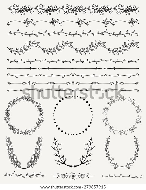 Collection of Black Artistic\
Hand Sketched Decorative Doodle Vintage Seamless Borders. Frames,\
Wreaths, Branches, Dividers. Design Elements. Hand Drawn Vector\
Illustration