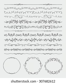 Collection of Black Artistic Rustic Hand Sketched Decorative Doodle Vintage Seamless Divider Borders and Frames. Design Elements. Hand Drawn Vector Illustration. Pattern Brushes