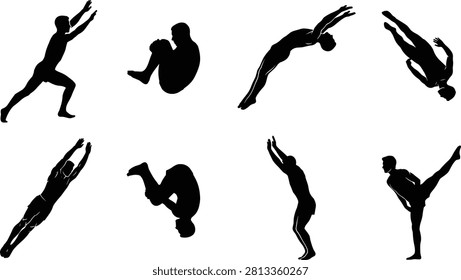 A collection of black athlete silhouettes performing jumps, flips, dives, acrobatic movements, and a high kick on a white background. Ideal for sports posters, fitness branding, training materials, and action-themed graphic design.
