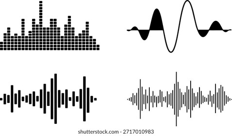 coleção de ícones de onda sonora de áudio preto e símbolos de pulso de frequência equalizador digital isolados no fundo branco