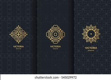 Verzameling van zwarte achtergronden en gouden kalligrafische elementen. Set van labels, pictogrammen, logo's in islamitische, oosterse, oosterse stijl.Sjablonen met luxe folie voor verpakking