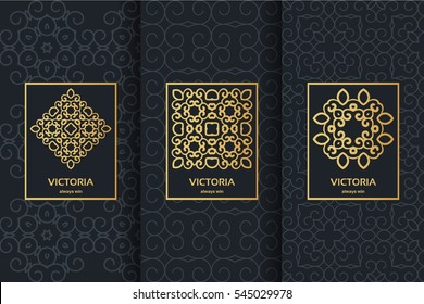 Collection of black backgrounds and golden calligraphic elements. Set of labels, icons, logos in islamic, oriental, eastern style.Templates with luxury foil for packaging