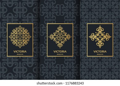 Collection of black backgrounds and golden elements. Set of labels, icons and seamless patterns. Templates with luxury foil for packaging