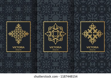 Collection of black backgrounds and golden elements. Set of labels, icons and seamless patterns. Templates with luxury foil for packaging