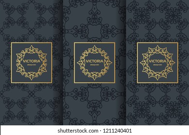 Collection of black backgrounds and golden elements. Set of labels, icons and seamless patterns. Templates with luxury foil for packaging