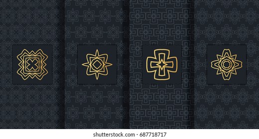 Collection of black backgrounds and golden elements. Set of labels, icons, logos and seamless patterns. Templates with luxury foil for packaging