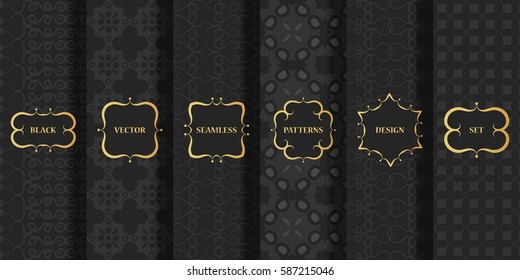 Collection of black backgrounds and golden frames, labels. Set of frames and seamless patterns. Templates with luxury foil for packaging