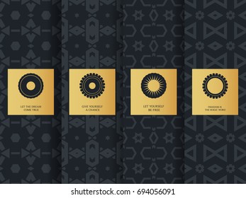 Collection of black backgrounds and golden labels. Set of simple, minimalistic signs, icons, logos and seamless geometric patterns. Templates with luxury foil for packaging