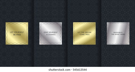 Collection of black backgrounds , golden and silver frames. Set of seamless patterns, abstract geometric design. Templates with luxury foil for packaging