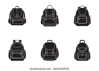 Collection of Black Backpack Vector Icons Featuring Different Styles and Designs for Travel and Education Purposes