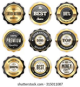 Collection of black badges with gold border on white background