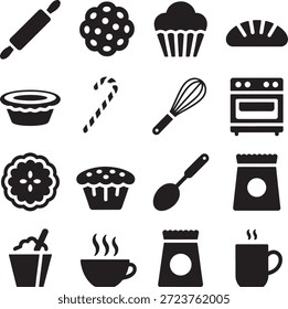 Sammlung schwarzer Backsymbole mit Cupcakes, Muffins und Küchenutensilien auf weißem Hintergrund, ideal für kulinarische Designs und backbezogene Grafiken.