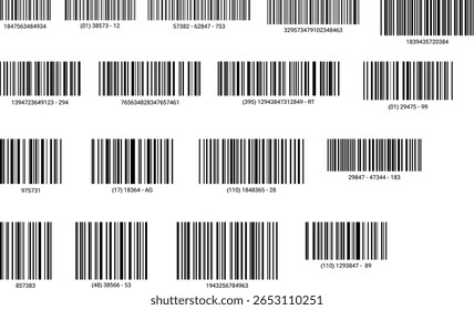 Coleção de ilustrações de código de barras preto sobre fundo branco, conjunto isolado de vetor de código de barras para embalagem, inventário, rotulagem de varejo, identificação de produto comercial, estilo plano