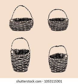 Collection of black baskets, silhouette on beige background, vector