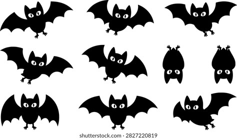 A collection of black bat silhouettes depicted in different flying positions presented as a vector illustration on a white background.