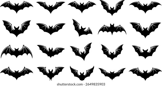 Collection of black bat silhouettes in various flying poses silhouette