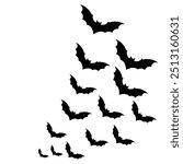 Collection of black bats flying halloween, Halloween bat element, bat flock halloween element, vector black bat,