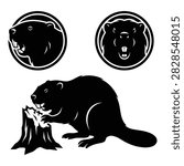 Collection of black bear graphic elements featuring circular head portraits and a full body view chewing a tree stump. Suitable for logos, emblems, and wildlife designs.